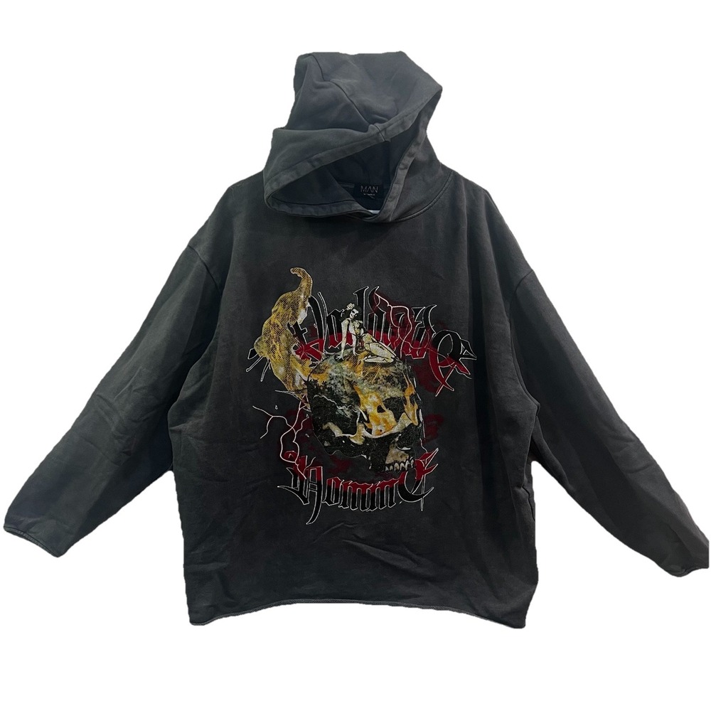 BoohooMan‎ Large Oversized Box Graphic Hoodie Sweatshirt Gray Pullover Band